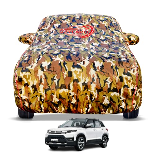 Image of Premium Car Cover for Maruti Suzuki Brezza Facelift Model | 100% Waterproof, UV & Dust Protection | Mirror & Antenna Pocket | Triple Stitched, Soft Inner Lining, Belt & Buckle (Jungle Print)