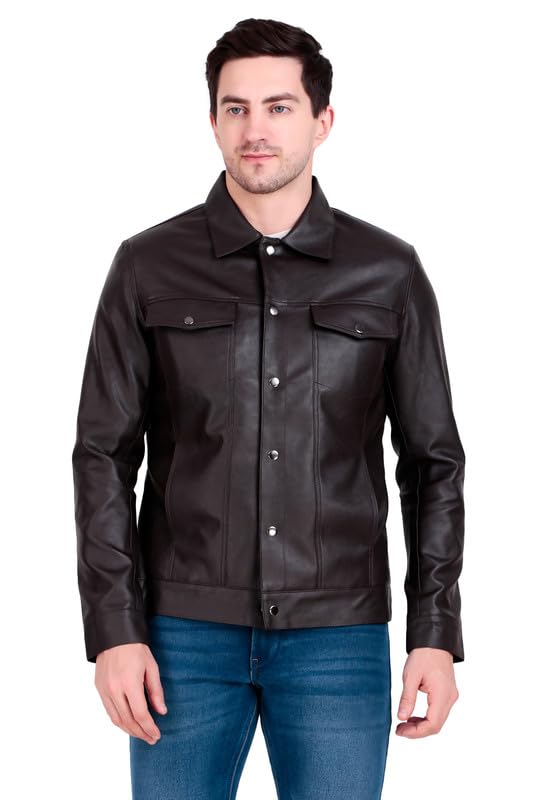 leather retail Coffee Faux Leather Jacket for Men's with Snap Button Closure-picture-18