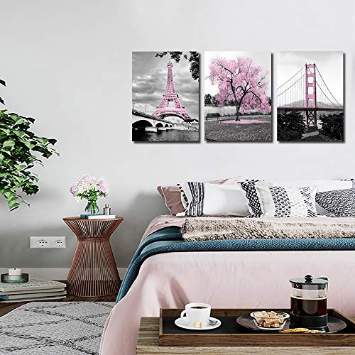 Wall Art For Bedroom Pink Tree Paris Eiffel Tower Golden Gate Bridge Romantic Black And White City Poster Bathroom Pictures Prints On Canvas For Living Room Decor #TOP5