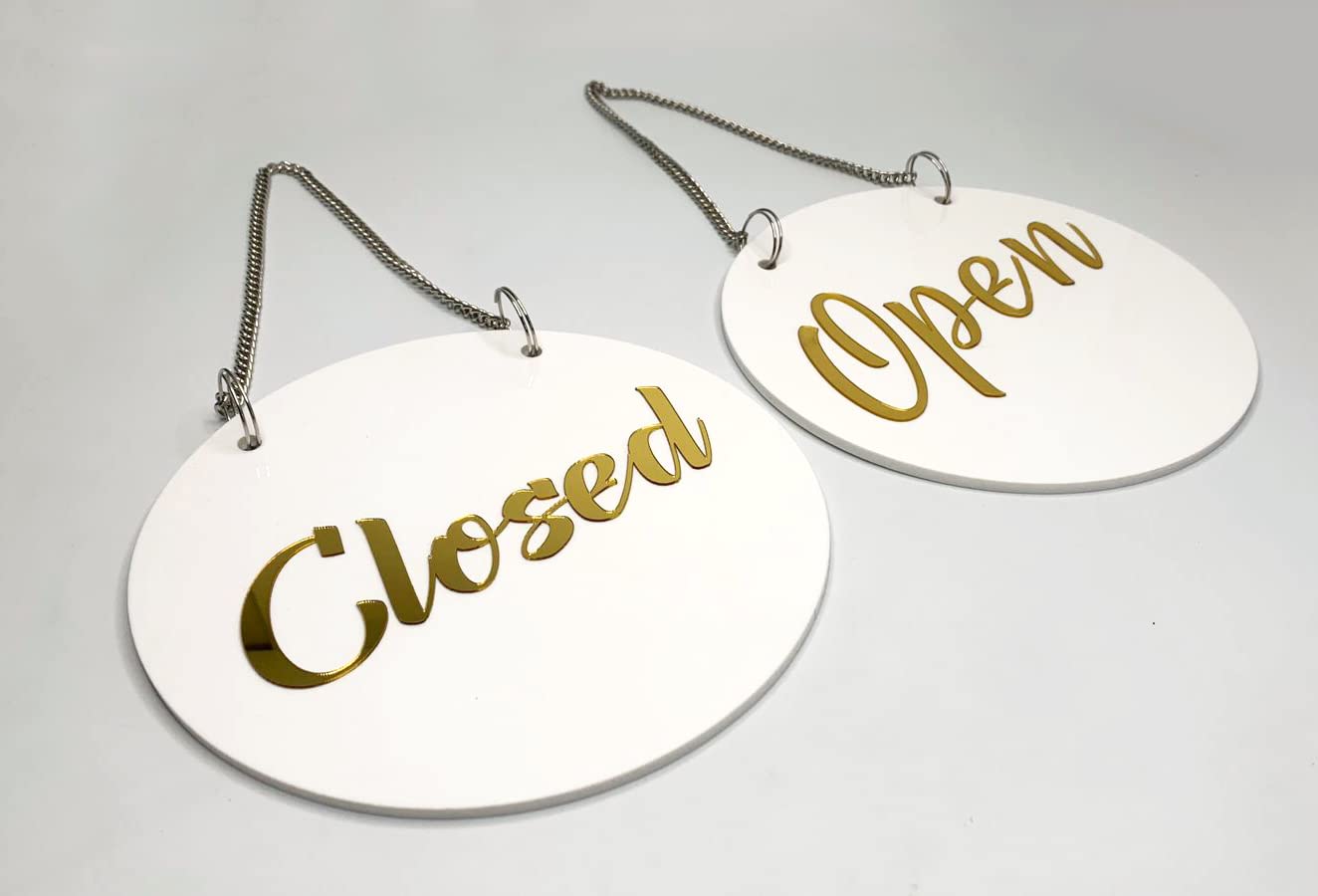 Vertical Root Inc® Premium Double Sided White GOLD Finish Acrylic OPEN-CLOSE HANGING DOOR Signage for shop, office, restaurant, hotel, Resort Corporate Business Hospital