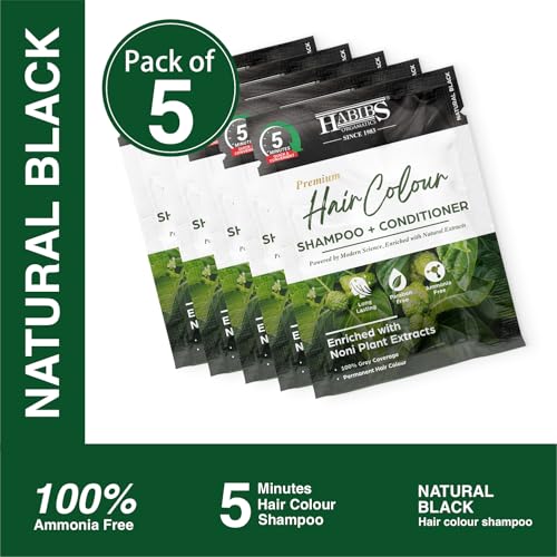 Image of Habibs Professional Hair Colour Shampoo - 100% Grey Coverage | Fast Acting Hair Color Shampoo (5 Minutes) | Natural Black, Ammonia-Free Formula (Pack of 5)