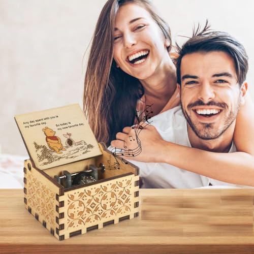 Music Box Gift for Wife Girlfriend, Valentine Day Gift Music Box Bear Pooh Saying Friendship Gift for Friend BFF Husband Boyfriend Birthday Anniversary Present Wooden Hand Crank Musical Box - Image 3
