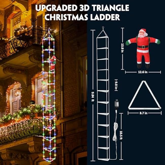 9.8 FT 3D LED Christmas Ladder Lights with Santa Claus, Plug-in Waterproof 8 Modes Outdoor Christmas Decorative Lights for Garden, Home, Wall, Tree Xmas Decor