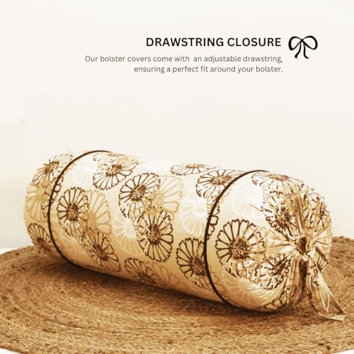 Image of AURAVE Cotton 144 TC Printed Bolster Cover with Drawstring Closure, Set of 2, Soft Breathable Durable Machine Washable for Sofa Bed & Home Decor, 15 inchx30 inch, Light Brown | Cover Only