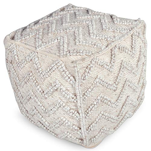 BOWERY HILL Transitional Square Zigzag Handwoven Ivory Wool Pouf