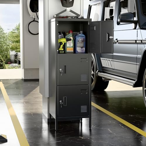 Image of Aobabo 16 inch W 3 Door Metal Storage Locker with Lock, 47 inch H Steel Locker with Name Card Holder and Metal Leg for School, Home, Office, Playroom, Assembly Required, Black