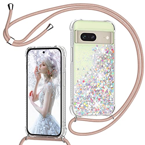 TUUTPU Cover Glitter per Google Pixel 7 con Cordino, Custodia Brillantini Liquido con Collana Ultra Sottile Morbido Silicone Trasparente Antiurto Protettivo Case per Cellulare Cordoncino, Oro Rosa