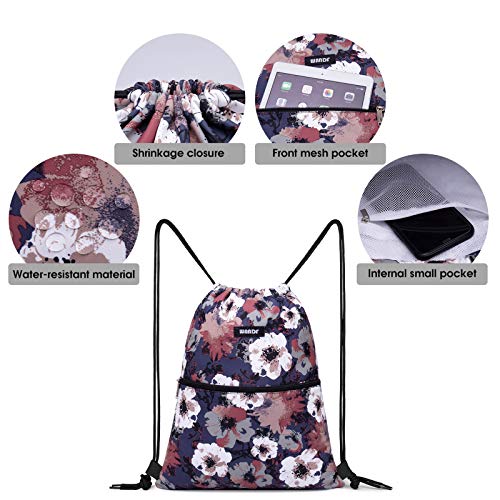 Image of WANDF Drawstring Backpack, Gym Sackpack for Sports (Blue Flower) | Water-Resistant, Shopping, Yoga, Travel, Beach, Daily Carry