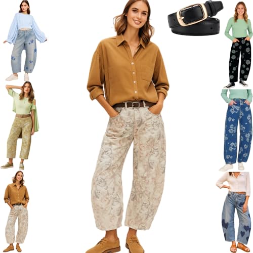 Floral Barrel Jeans Women, Casual Daisy Flower Wide Leg Baggy Y2k Mid Rise Denim Ankle Pants Streetwear