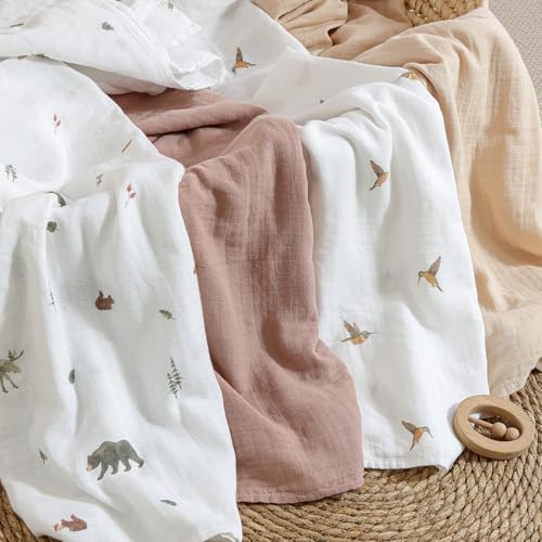 Image of POMISO Muslin Swaddle Blankets for Boys & Girls, Newborn Receiving Blankets, 4 Pack Soft Breathable Baby Swaddles, Large 47x47 Inches, Forest Animals
