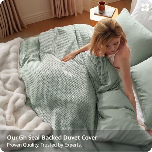 Image of Bedsure Cotton Duvet Cover King Size - 100% Cotton Waffle Weave Sage Green Duvet Cover, PureWoven Textured Breathable Bedding Comforter Cover for All Season, 1 Duvet Cover Only 104 inchx90 inch