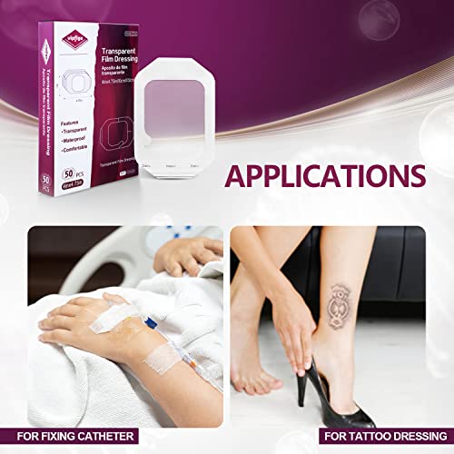 Transparent Film Dressing 4'' X 4.75'' - 50 Pack, Waterproof Transparent Wound Bandage, Adhesive Patch, Post Surgical Shower Or Iv Shield, Tattoo Aftercare Bandage #TOP5