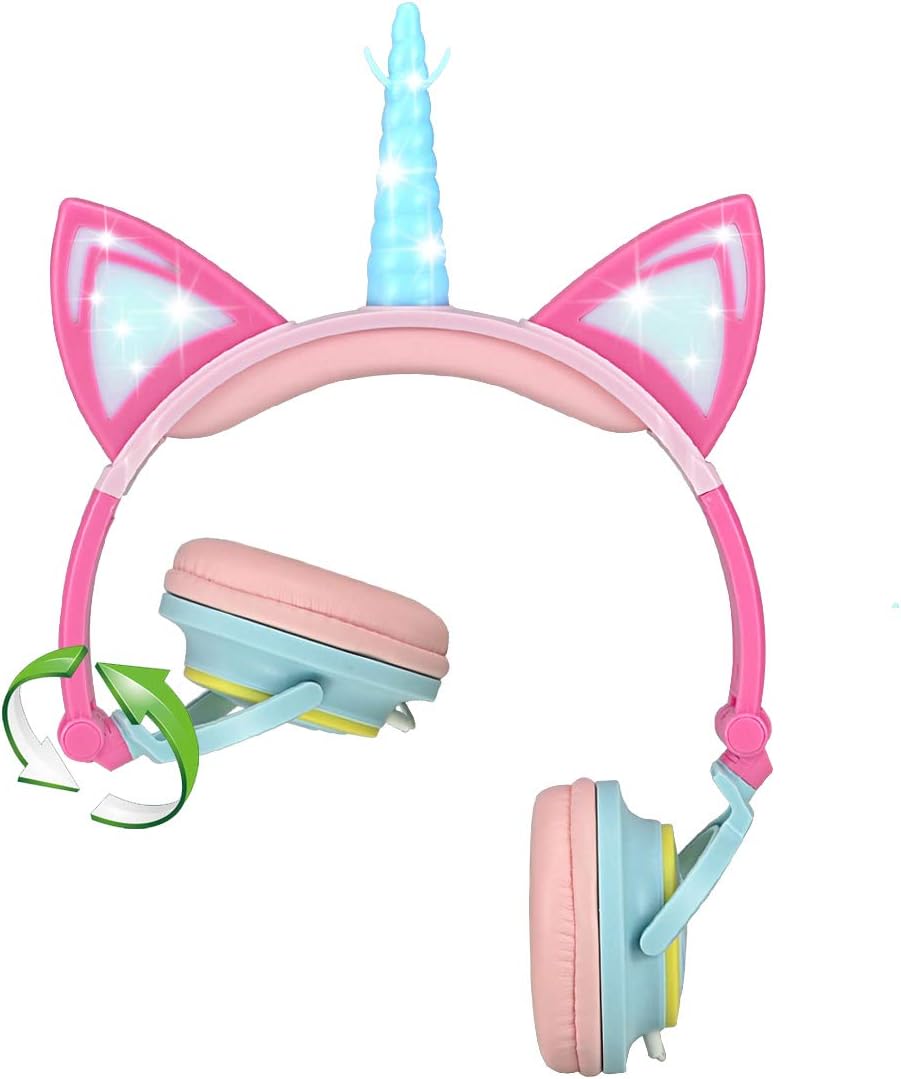 Nice2Mitu 2020 Upgrade Foldable Cat Ear Kids Headphones for Girls Tablet School Supplies, Led Glowing Headphones for Kids, Over On Ear Girl Headphones Toddlers Travel Birthday Gifts (Pink)