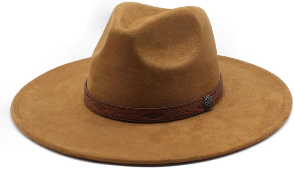 Western Style Suede Fedora Hat, Brown Wide Brim Cowboy Hat with Leather Band, Classic Pinched Crown Design