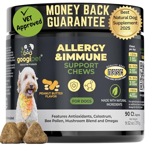 Googipet Dog Allergy Chews, Seasonal Dog Allergy Relief & Itchy Skin Relief, Skin & Coat Supplement +Bee Pollen, Colostrum, Coconut Oil, Probiotics, & Omega 3 Fish Oil for Dogs (Peanut Butter Flavor)