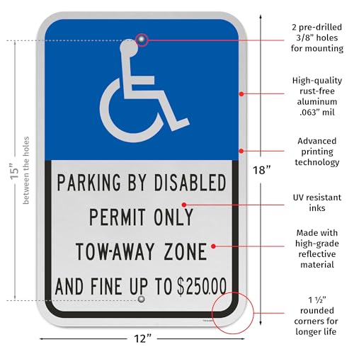 Brimar - 12 x 18" - Florida Accessible Parking Sign - Parking By Disabled Permit Only Tow-Away Zone And Fine Up To $250.00 - Engineering Grade Reflective Aluminum - Bold Text and Symbol - Easy Installation - Thumbnail 2