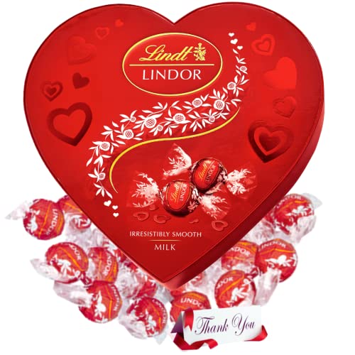 Chocolate Gift - TJMolten thank you label for Lindt Heart Box - 16x Lindt Lindor Milk Truffles 200g - Chocolate Truffles with Lindt Balls, Valentines Chocolate Gift for Her/Men, Mothers Day Gift