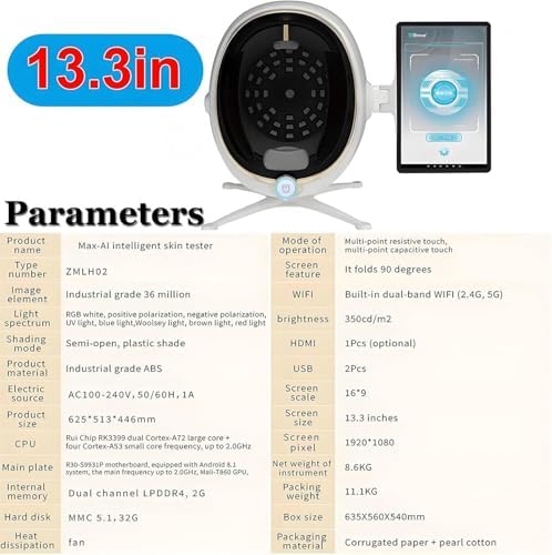 AI Skin Analyzer Machine - 3D Facial Analysis with 8 Spectra, 5 Dimensions & 14 Indicators for Skin Problem Detection - Multilingual Support - 21.5" Black
