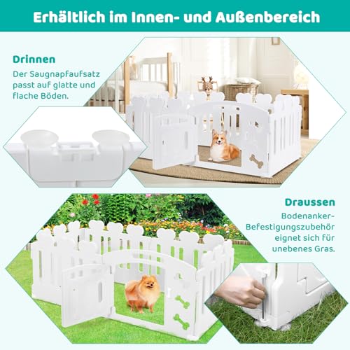 MAMIZO Welpenauslauf 60cm, Laufstall Hund 5+1 PCS Platten, Plastik Welpenlaufstall, Faltbare Hundegitter, Hundezaun mit Tor,Inkl. Saugnäpfe & Erdanker, Hundekäfig für Zuhause und Outdoor, Weiß