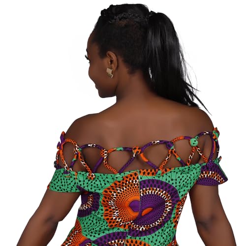 Image of XIAOHUAGUA African Dresses for Women Cotton Cutout Neck Short Sleeve Ankara Dashiki Cocktail Party A-Line Flare Dress