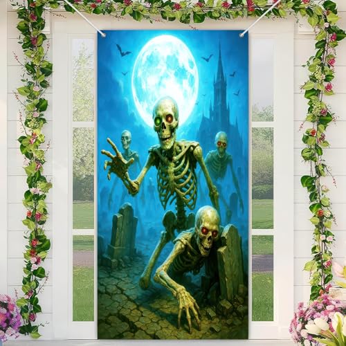 Image of BlissYard Halloween Skeleton Graveyard Door Cover 35x71 Inch Polyester | Entry Banner, Wall Backdrop | Skeleton Graveyard Door Decor, Party Scene | Porch, Hallway, Photos (Haunted House)