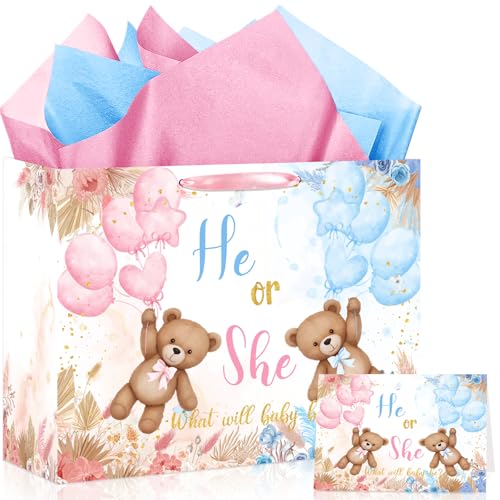 Yomaiha Bear Gender Reveal Gift Bag Pink Blue He or She Gift Bag with Tissue Paper and Card Gender Reveal Wrapping Paper We Can Bearly Wait Party Favors Baby Shower Supplies Decorations