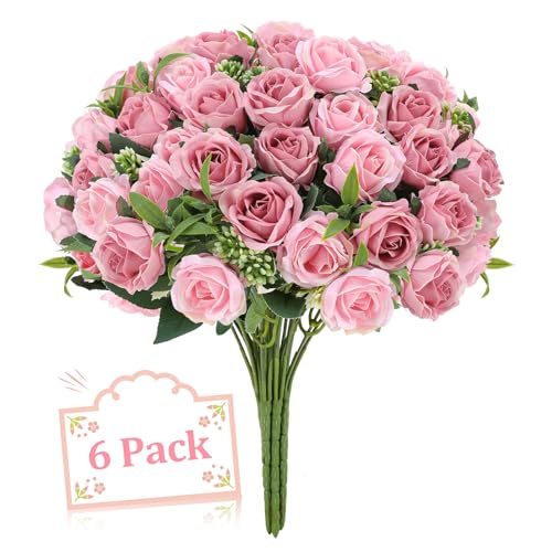 Xialvyu Künstliche Rosen 6 Sträuße Zartrosa Realistische Seidenrosen Kunstblumenstrauß Set für Hochzeitsdeko, Valentinstag, Home Decor und Tischdekoration