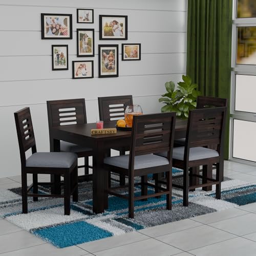 Image of Solid Sheesham Wood 6 Seater Dining Table Set | Six Seater Dinner Table with 6 Grey Cushions Chairs | Dinning Table Set 6 Seater for Living Room | Walnut Finish