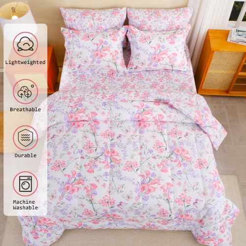 Image of lasoftan Floral Queen Comforter Set with Sheets, 7 piece Luxury Vintage Bedding, Soft Microfiber Bed in a Bag, Cozy Lightweight Bed Set, Pink Floral Botanical