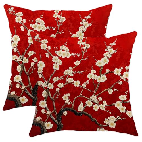 Juego de 2 fundas de almohada de flores de cerezo primaveral, estilo chino, elegantes fundas de almohada con estampado de flores rojas, fundas de cojín decorativas de verano para decoración oriental