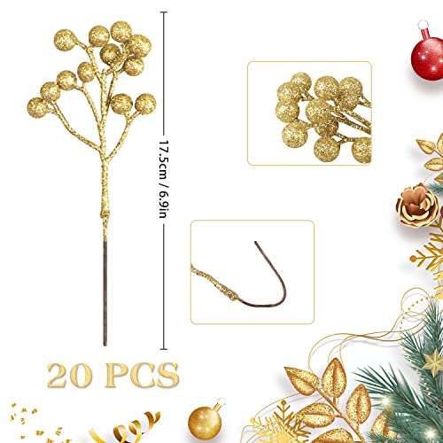 Fangoo 20 Pack 18cm Christmas Artificial Gold Berries Stems for Christmas Tree Xmas Holly Berries Burgundy Gold Berries Picks Berry Branches Xmas Wreath Crafts Wedding Winter Home Decoration