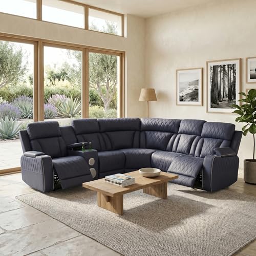 Image of Power Recliner Sectional Sofa, L-Shaped Living Room Furniture, 5 Seaters Reclining Sectional Couch with Storage Console /Cup Holder, Navy Leather Furniture for Living Room /House /Apartment