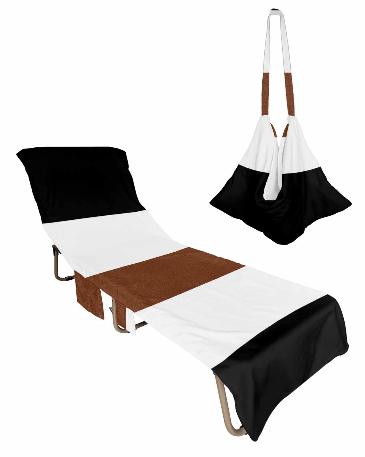 Geometric Stripes Beach Lounge Chair Towel Cover, Soft Chaise Lounge Towel with Side Pockets Patio Pool Chairs Cover for Beach/Pool Sunbathing 29x85 Boho Tribal Black Brown Whte Bohemia