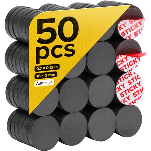 Image of Strong Ceramic Round Magnets with Adhesive Backing (0.7x0.12 /18x3mm, 50 pcs) - Heavy Duty Sticky Magnets, Non-Corrosive, Versatile for Home, Office, Workshop, Whiteboard, Fridge and Hobby Use