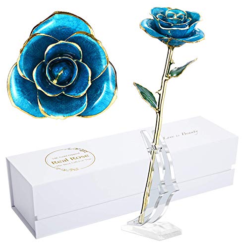 Image of Romantic Rose Gift for her,Eternity Gold Rose Flower 24k Gold Dipped Rose and Romantic Gift for her Rose,SkyBlue with Stand