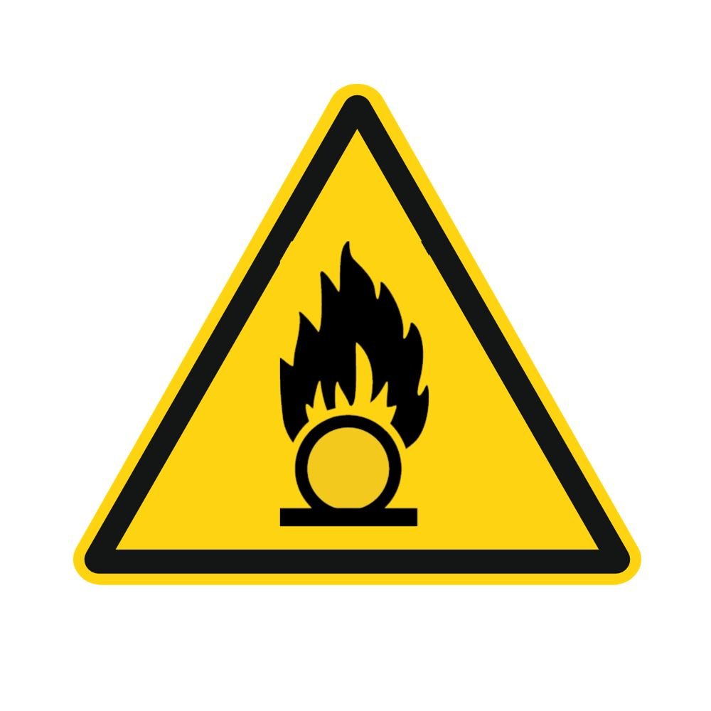 Señal de advertencia W028 – Advertencia sobre sustancias que promueven el incendio, 100 mm – 250 unidades