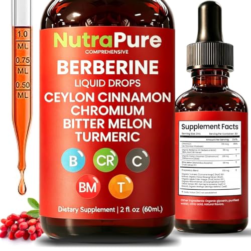 NutraPure Comprehensive Berberine Drops Pure Berberine Drops with Ceylon Cinnamon Chromium Glucomannan Apple Cider Vinegar Gymnema + Turmeric No Sugar Vegan Non-GMO - 2 OZ (1PCS)