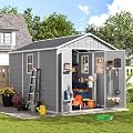 Amopatio Resin Outdoor Storage Shed with Floor, 8x10 FT Lockable Plastic Shed with Ventilation, Waterproof Garden Tool Sheds for Backyard, Patio and Lawn Grey