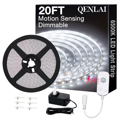 QENLAI 20FT White LED Strip Lights with Motion Sensor 6500K Daylight Motion Sensing Dimmable 12V 360 LEDs Flexible Cuttable Tape Lights for Bedroom Kitchen Cabinet Ceiling Lighting