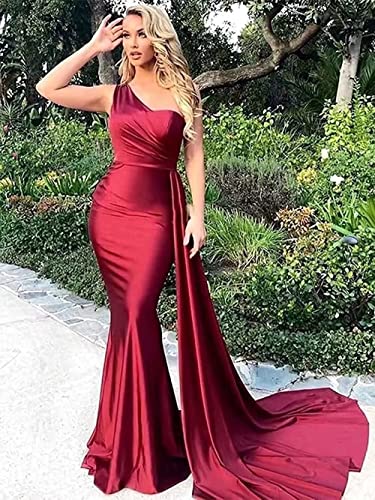 One Shoulder Mermaid Bridesmaid Dresses for Wedding Bodycon Satin Long Formal Evening Gowns with Train3