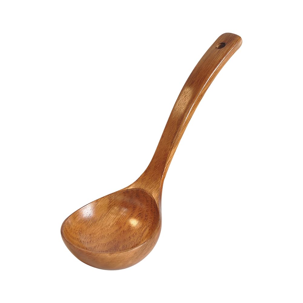 JIHUOO 26cm Large Wooden Ladle Spoon Long Handle Wood Soup Spoon Deep Round Serving Spoons Natural Wood Cooking Scoop Utensils Kitchen Cookware for Cooking Stirring