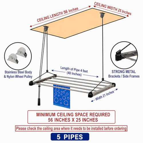 Image of Purnima Marketing PM Heavy Duty Stainless Steel (5 Pipe X 4 Feet) ECODRY Model with UV Protected Nylon Rope Ceiling Cloth Dryer | Cloth Drying Stand for Balcony | Clothes Stand for Drying