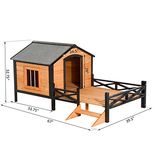 PawHut Large Dog House with Porch for Expansive Size, XL Wooden Elevated Dog Shelter, 67", Natural - Image 8