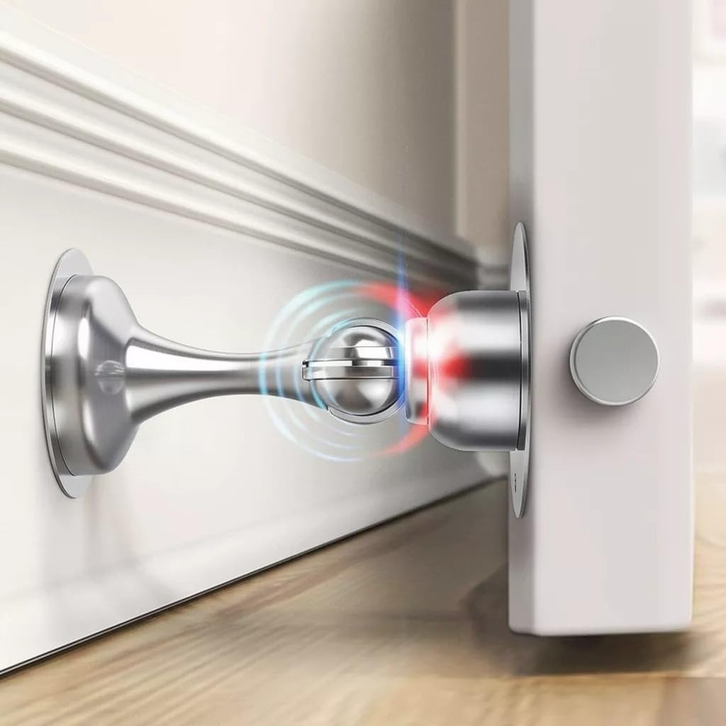 Domira Silver Premium Magnetic Door Stop - Heavy Duty Floor Mounted Doors Stoppers For Walls & Floors - Strong Magnetic Catch, Adhesive Fitting, Rubber Stops, Wall Protector, Chrome Door-Stops