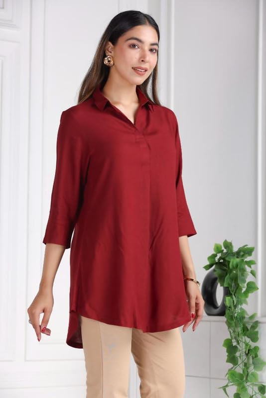 Image of Mlada Rayon Flare Top for Women | 3 /4th Sleeve Regular Fit and Flare Top | Women Office Tops Tunic | Western Long Shirt Top for Women | Shirt Collar Top for Women | Rayon Tunic Tops for Women Western