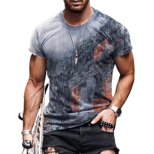 2024 - Camiseta de cuello redondo, blusa de verano estampada para hombre, casual, manga corta, blusa para hombre, parte inferior recta, camisas de vestir para hombre, gris, M