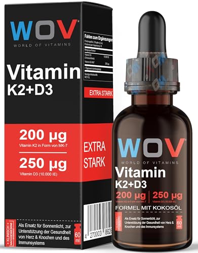 WOV® Vitamin d3 k2 Tropfen hochdosiert (60ml) - Vitamin D3 10.000 I.E, 200 µg Vitamin K2 MK7 pro Tropfen - Vitamin d3 k2 (200