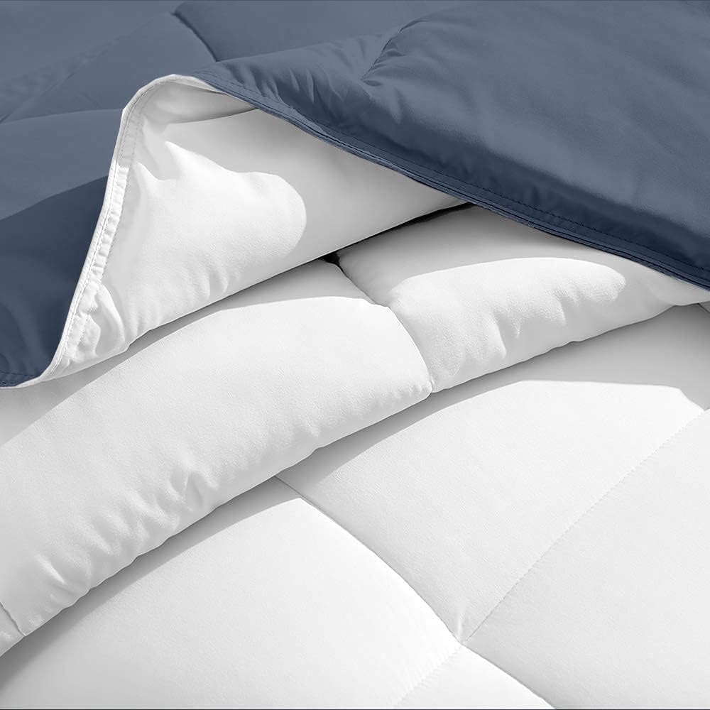 Alaskan King Reversible Comforter 136x120 White & Steel Blue | Luxury, Ultra-Soft, Organic Cotton, Down Alternative, All Season, 500 GSM, 7 Corner Tabs, Machine Washable, Box Stitched