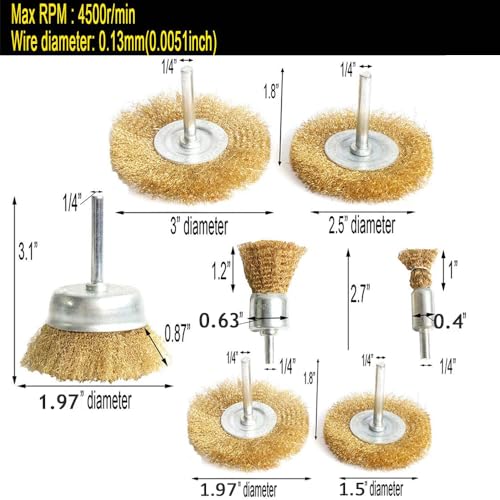 Wire Wheel Brushes Brass Crimped Cup Brush Set for Drill 1/4" Drill Shank Wire Brush Kit Coated Crimped Attachments for Drill Rust Removal Deburring, Paint - Image 5