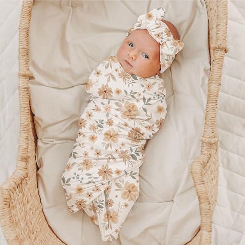 Image of Konssy Baby Girl Newborn Receiving Blanket with Headband Set Baby Swaddle Nursery Swaddle Wrap